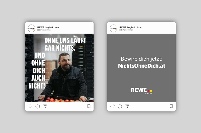 Zwei Social Media Postings von Rewe mit der Aufforderung "Bewirb dich jetzt: NichtsOhneDich.at"